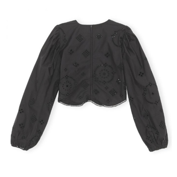 Ganni Broderie Anglaise Cropped Balloon Sleeve Top Black Summer Eyelet Lace - Picture 5 of 14